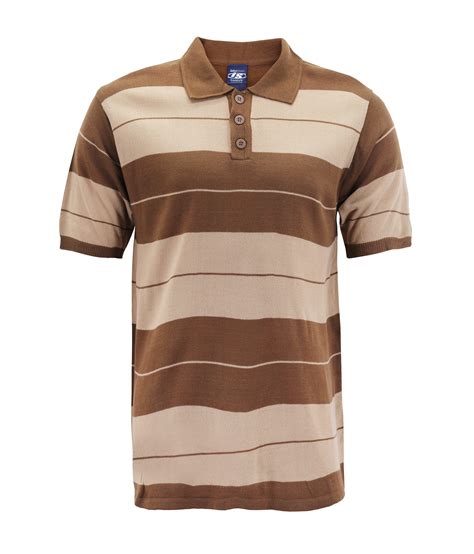 Mens Knitted Charlie Brown Striped Ribbed Short Sleeve Casual Polo Shirt M Brown