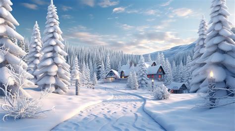 Landscape Snowy Christmas And New Year Festive Winter With Trees In 3d ...