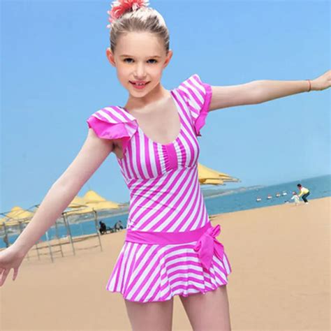 10 18years European Style Lovely Young Girls Swimwear With Striped 2016