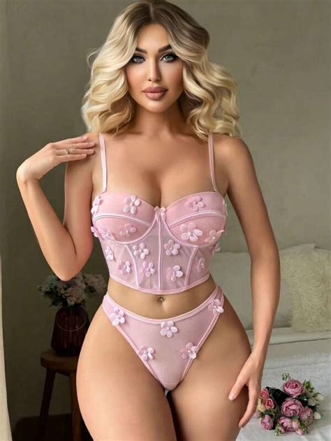 Appliques Mesh Underwire Lingerie Set Shein Usa