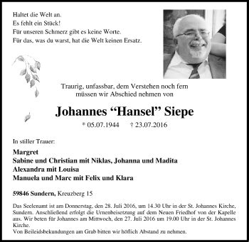 Traueranzeigen Von Johannes Siepe Trauer In NRW De