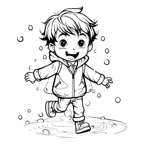 Premium Vector Cute Little Boy Jumping In A Puddle Vector Illustration