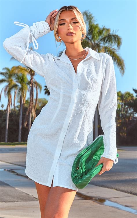 White Textured Wrap Tie Sleeve Shirt Dress | PrettyLittleThing KSA