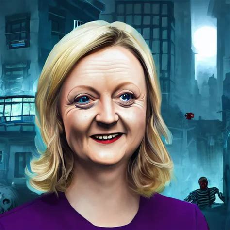 Painting Of Liz Truss In Racoon City Full Of Zombies Stable