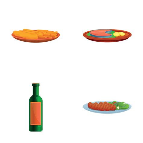 Dinner Dish Icons Set Cartoon Various Dish And Bottle Of Wine