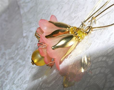 Hand Dyed Papaya And Yellow Lucite Flower Earrings With Gold Etsy