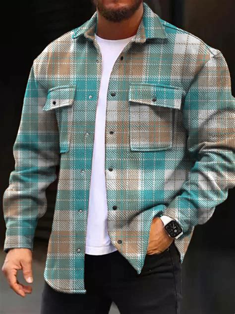 Mens Casual Jacket Fall Plaid Print Long Sleeve Pockets Jacket