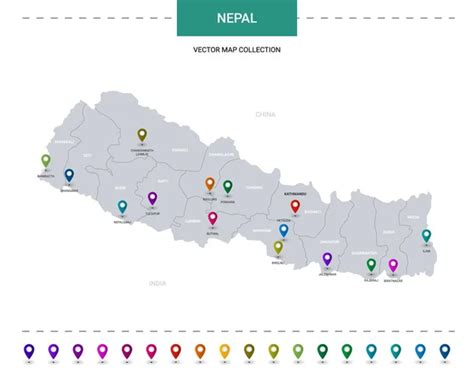 Nepal mapa con marcas de puntero de ubicación Plantilla vectorial