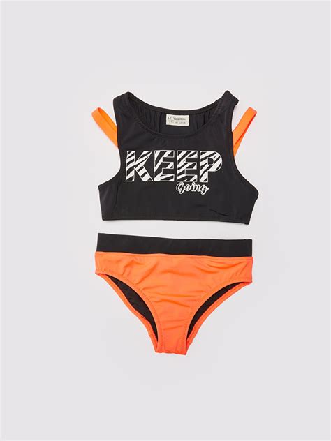 Neon Mercan Esnek Kumaştan Baskılı Kız Çocuk Bikini S Z QK LCW