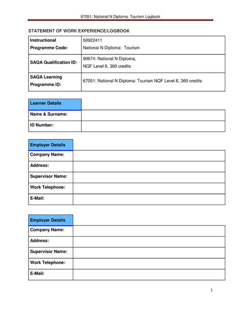 National N Diploma Tourism Statement Of Work Experience Logbook