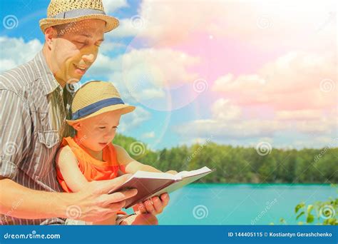 Happy Dad with Child Read Bible Book Stock Image - Image of reading ...