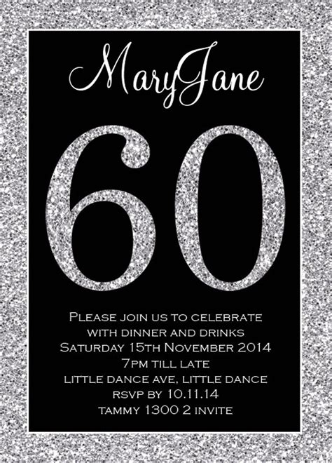 60th Birthday Invitation Silver Glitter