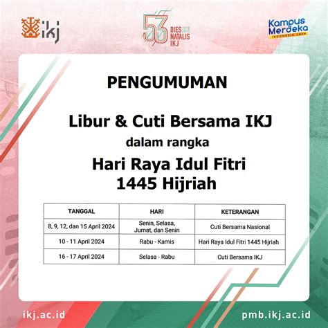 Pengumuman Libur And Cuti Bersama Ikj Hari Raya Idul Fitri 1445 Hijriah Di Tahun 2024 Institut