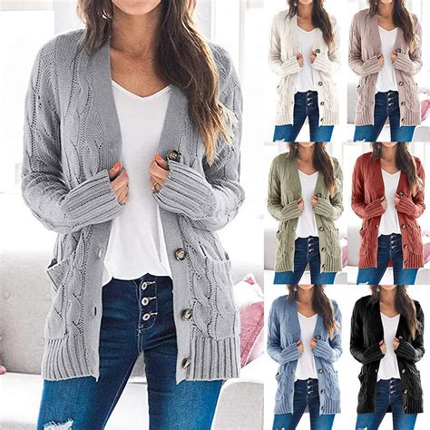 Immekey Women Cardigan Sweater V Neck Single Breasted Long Sleeved