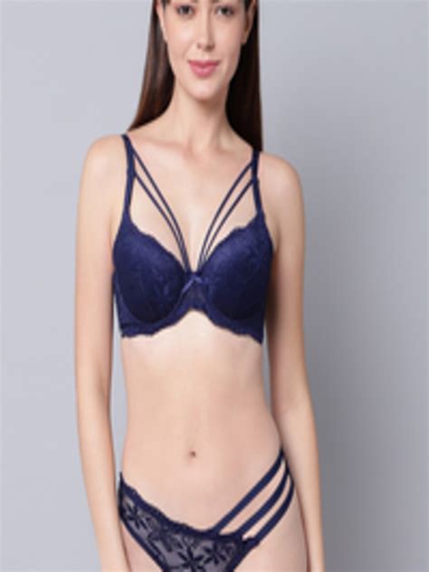 Buy PrettyCat Women Navy Blue Self Design Lingerie Set PC SET 6065