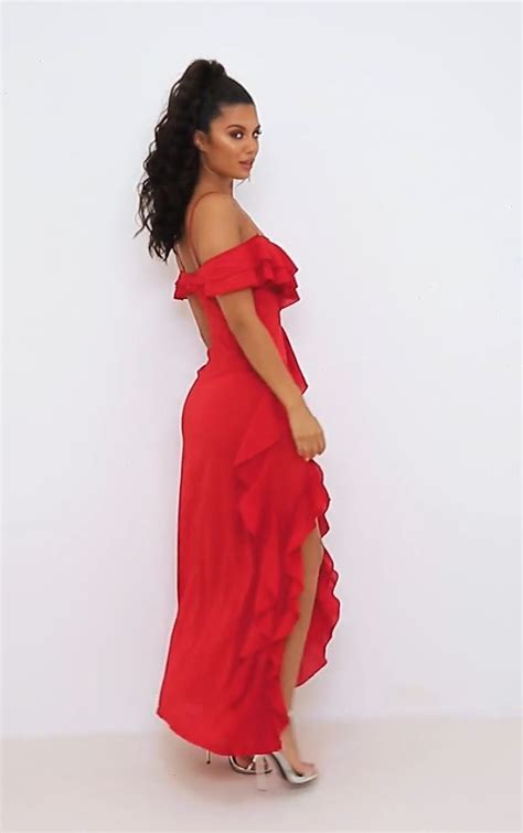 Red Cold Shoulder Ruffle Detail Maxi Dress Dresses Images 2022