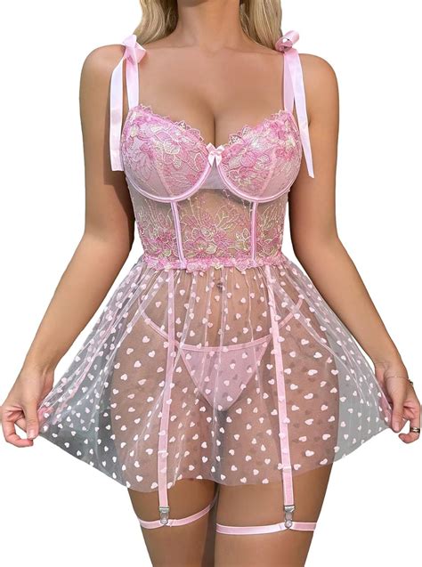 Amazon SHENHE Women S Garter Lingerie Set Sheer Mesh Babydoll