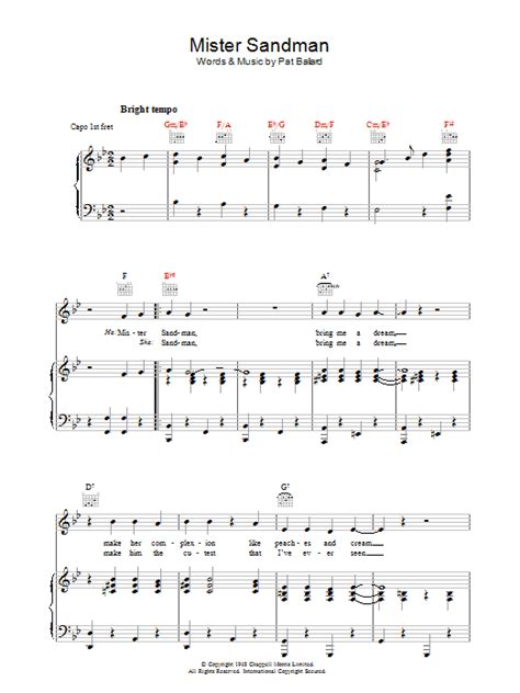 Mister Sandman By The Chordettes Sheet Music For Piano Vocal And Guitar