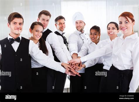 Diverse Team Of Waiters And Hospitality Staff People In Uniform Stock