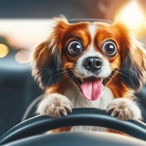 Premium Photo | Dog with a funny scared face with bulging eyes driving ...