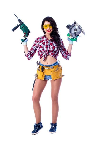 Sexy Brunette Woman Mechanic With Yellow Safety Glasses Stock Photo By Arkusha 190924842