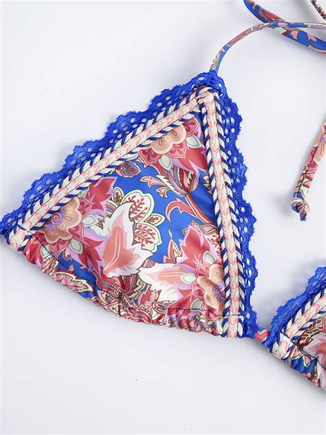 Bikinx Floral Print Bikini Set Lace Trim Crisscross Triangle Bra Top