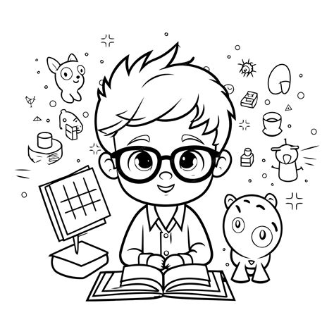 Criança Estudando Para Colorir - Desenho para colorir de uma criança estudando ilustração vetorial ...