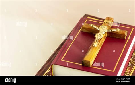 Religion Composition With Wooden Crucifix With Closed Red Christian