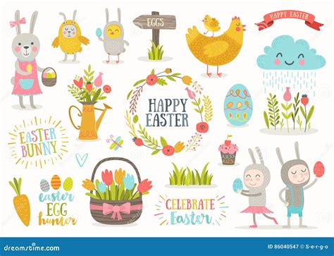 Set Of Easter Cartoon Characters And Design Elements Stock Vector