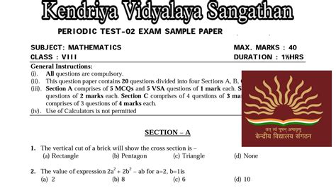 Class 8 Maths Sample Pt 2 Exam Question Paper Explained By Kv Teacher