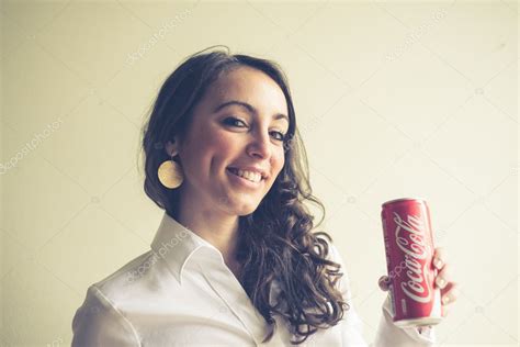 Beautiful Woman Drinking Coca Cola Can 33 Cl Stock Editorial Photo