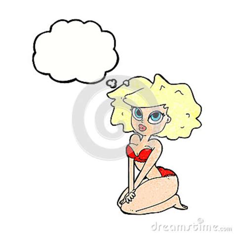 Bikini Que Lleva De La Mujer De La Historieta Con La Burbuja Del Pensamiento Stock De