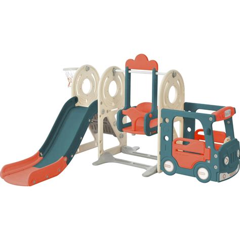 5 In 1 Toddler Slide And Swing Set Bus Themed Kid Slide For Toddlers