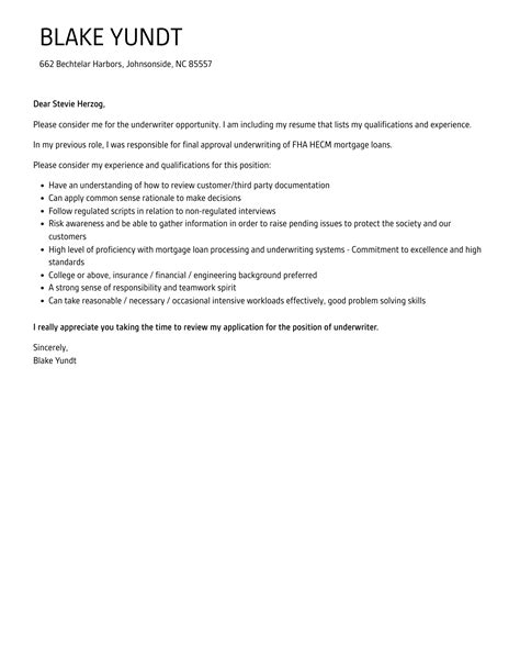 Underwriter Cover Letter Velvet Jobs