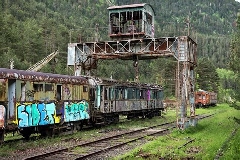 Neglected train in the abandoned Canfranc International Railway Station ...