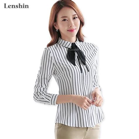 Lenshin Women Tie Blouses Office Lady Female Black And White Striped