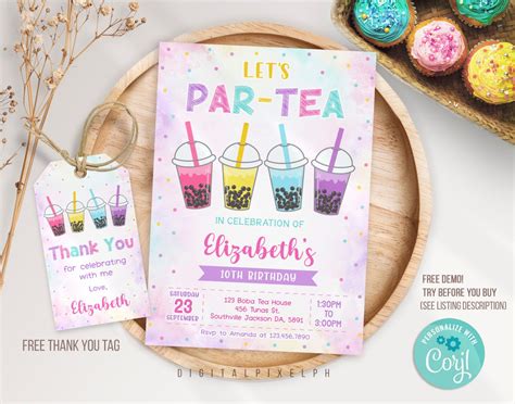 Editable Boba Tea Birthday Invitation Boba Par Tea Birthday Invitation