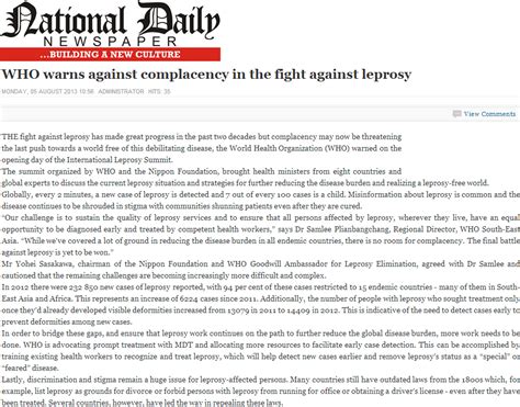 National Daily 05 Aug 2013 Who Warns Against Complacency In The