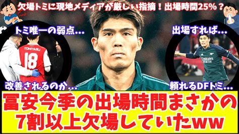 【冨安今季まさかの出場時間に衝撃‼】アーセナル冨安の欠場に現地メディアの厳しい声『出場時間は25％』バイエルンも欲しがった？出場すればサネ封じ