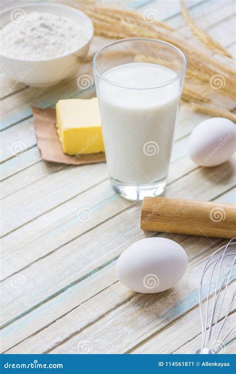 Ingredients For Baking Milk Flour Egg And Butter Stock Image Image