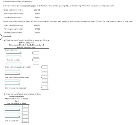 Solved Cost of Goods Manufactured and Sold LeMans Company | Chegg.com