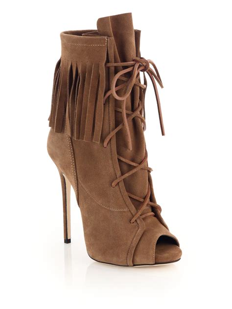 Giuseppe Zanotti Fringed Suede Lace Up Peep Toe Booties In Brown Lyst