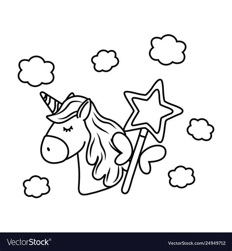 Unicorn And Magic Wand Black White Royalty Free Vector Image