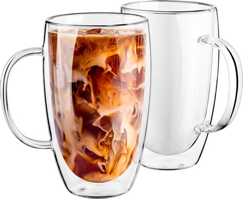 2 Pack 16 Oz Double Wall Glass Coffee Mugs With Handle Insulated Layer Coffee Cups