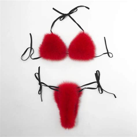 Red Real Fox Fur Bikini One Size Bikini Set Etsy