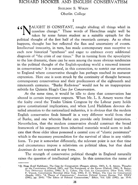 Richard Hooker And English Conservatism Sheldon S Wolin 1953