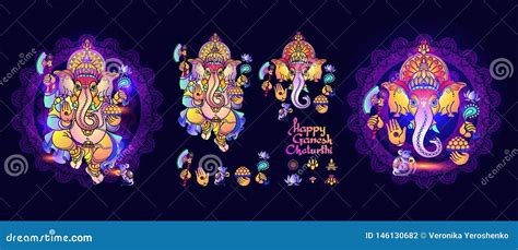 Hindu God Ganesha. Set of Lord Ganesh Elements. Vector. Stock Vector ...