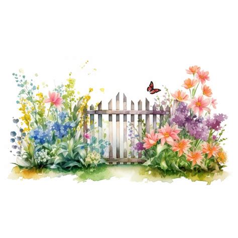 There Is A Painting Of A Garden With Flowers And A Fence Generative Ai