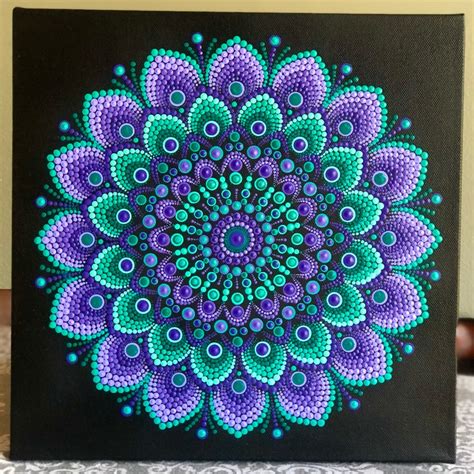 Blooming Vibrant Dot Mandala Hand Painted On Black Stretched Etsy