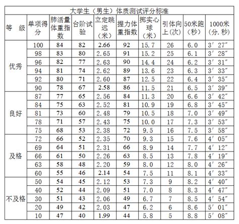 大学生（男生）体质测试评分标准 体育部 成都信息工程大学